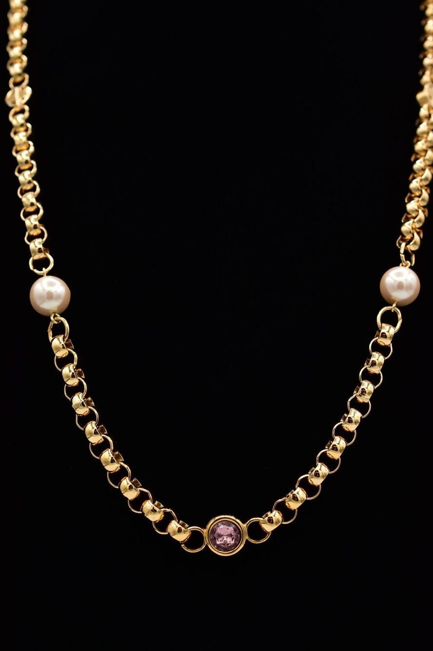 Givenchy Vintage Logo Chain Necklace Pearl Pink Crystal Gold Chunky Signed Bin1